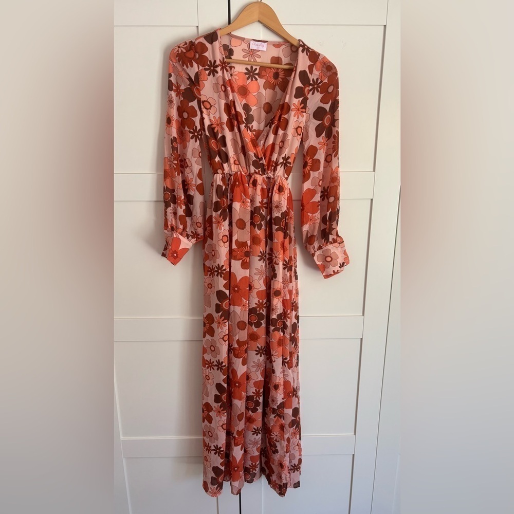 Pink Lily Dress Womens Faux Wrap Slit Maxi Long Sleeve 70s Retro Floral - Picture 2 of 6